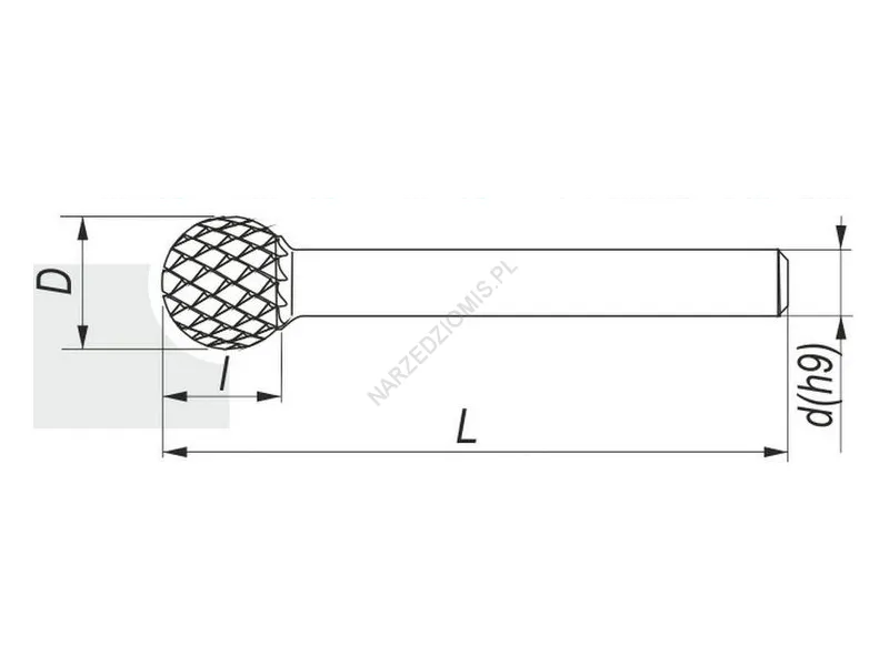 Rysunek techniczny: Pilnik obrotowy kulis. 3x 3x3 DIN 8033-8 VHM